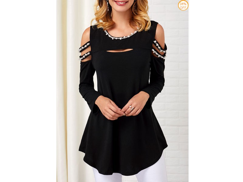 Curved Hem Cold Shoulder Pearl Embellished T Shirt For Women