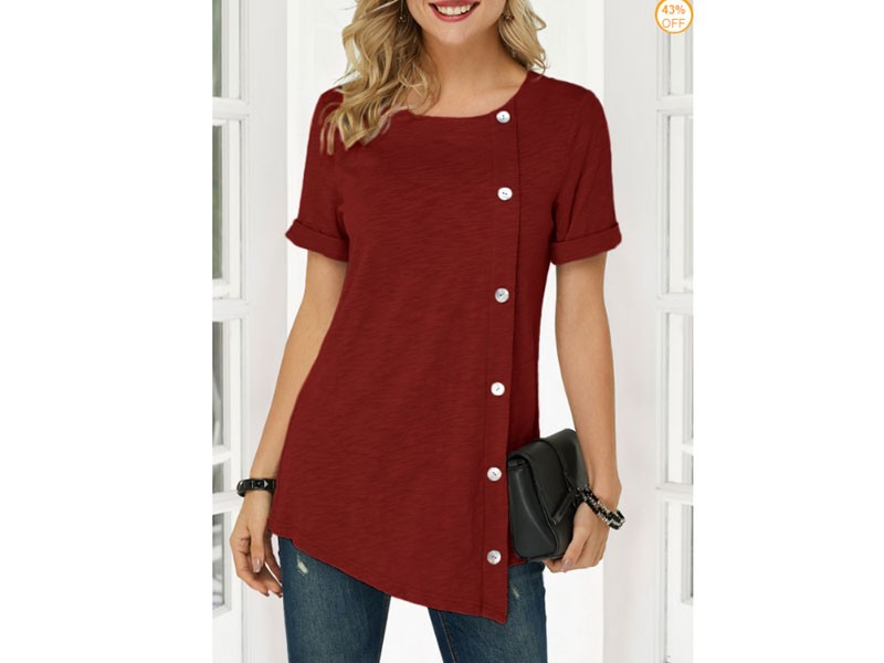 Women's Button Detail Wine Red Asymmetric Hem T Shirt