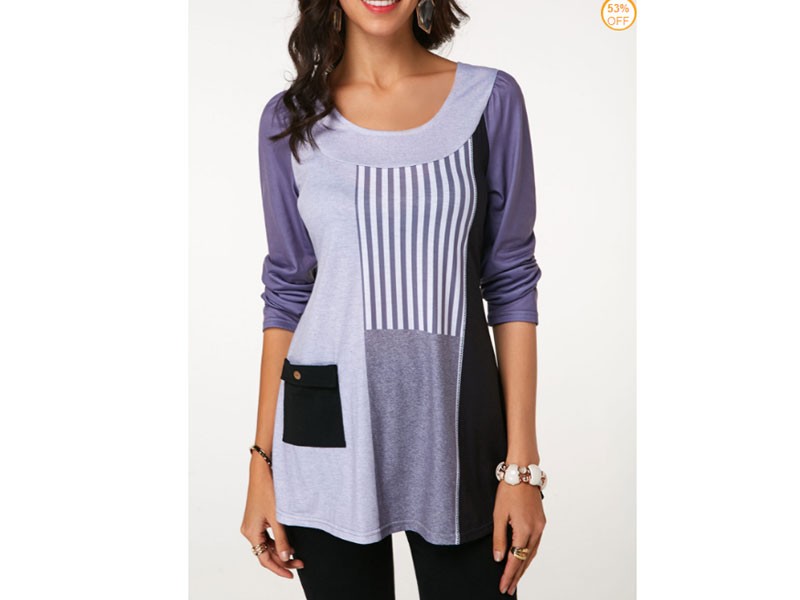 Long Sleeve Color Block Tunic T Shirt For Women