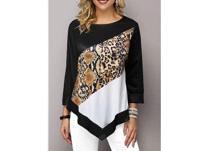 Women's Asymmetric Hem Printed Three Quarter Sleeve T Shirt