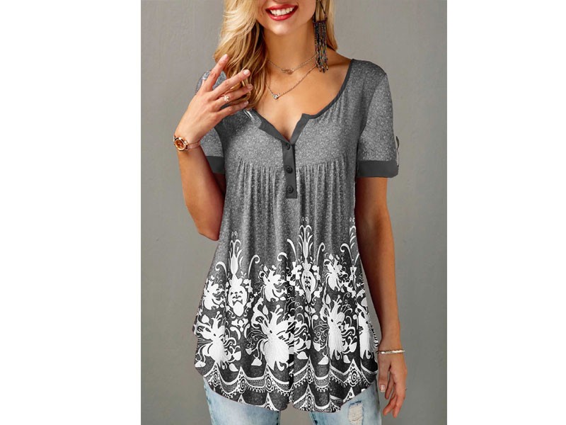 Women's Button Detail Printed Short Sleeve T Shirt