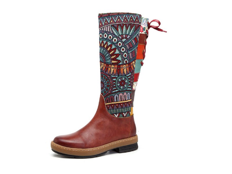 Socofy Bohemian Splicing Pattern Flat Leather Rainbow Knee Boots For Women