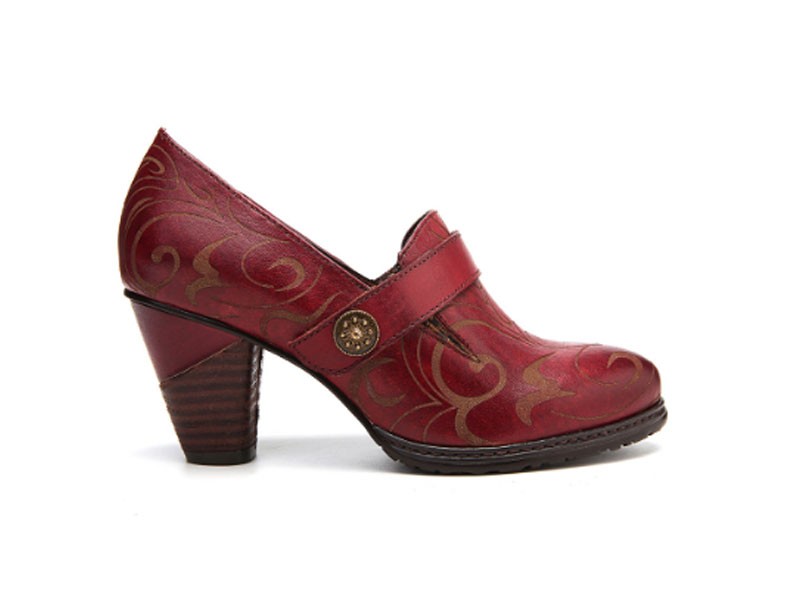 Socofy Retro Genuine Leather Vine Pattern Solid Pumps For Women