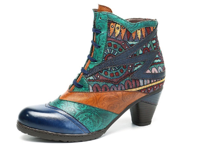 Women's Socofy Bohemian Splicing Pattern Block Zipper Ankle Leather Boots