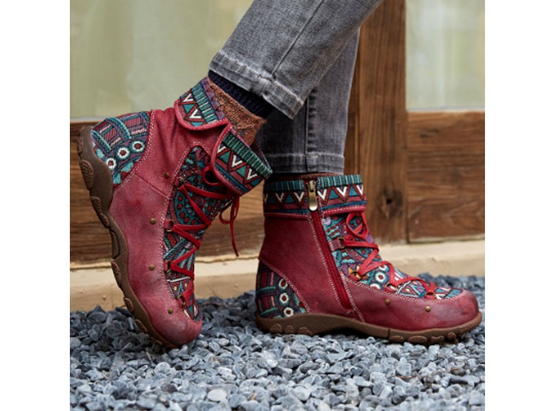 Socofy Leather Splicing Jacquard Lace Up Zipper Big Head Flat Boots For Women