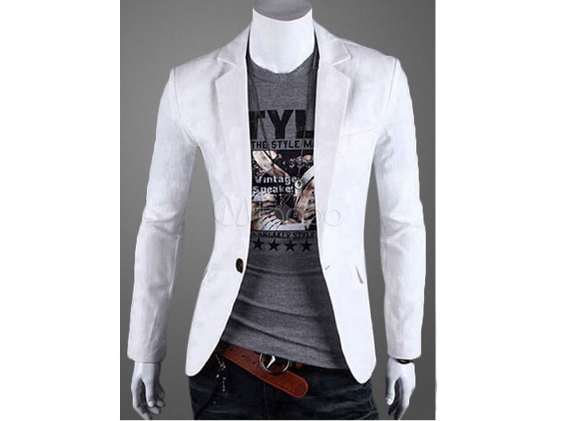 Men's Blazer Casual Front Button Notch Collar White Cotton Suit Jacket