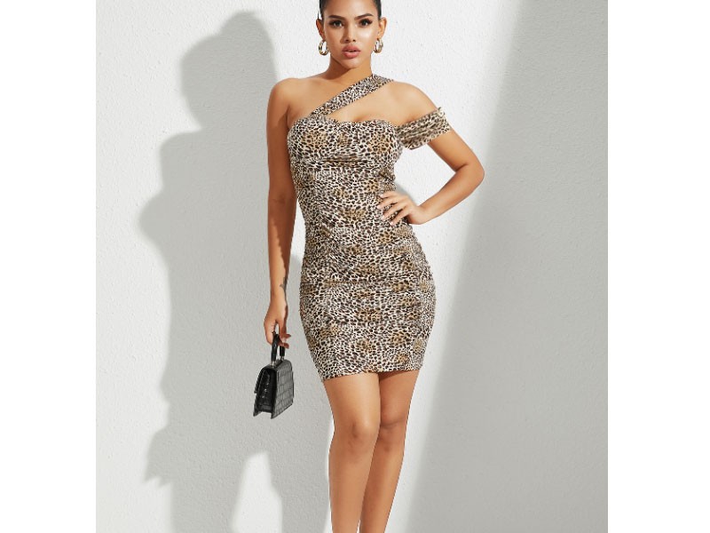 Women's Khaki Leopard Backless Asymmetrical Neck Dress