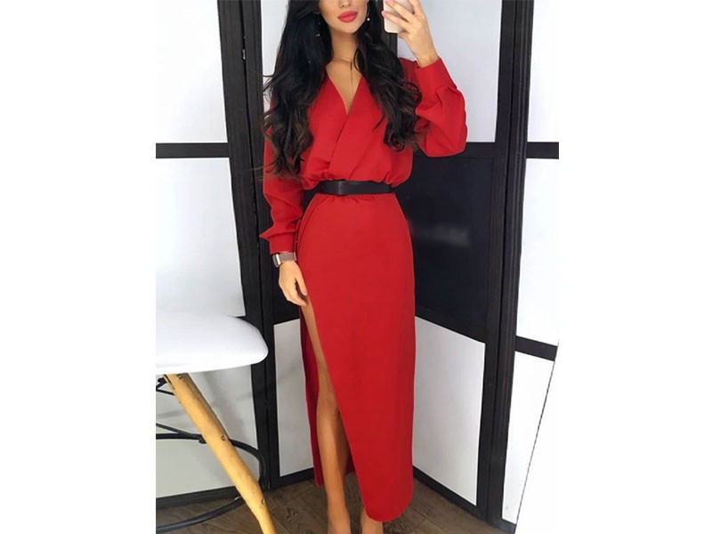 Black Wrap Design Slit V-neck Long Sleeves Dress For Women