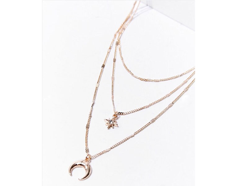 Moon & Star Pendant Layered Necklace For Women