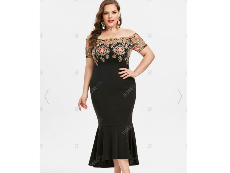 Plus Size Off Shoulder Embroidered Fishtail Cocktail Dress For Women