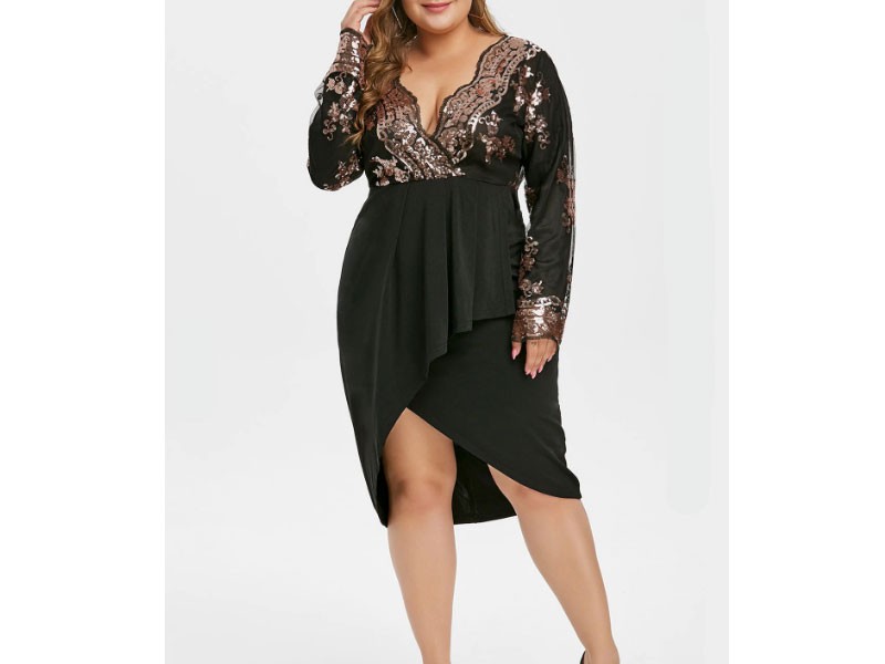 Plus Size Sequined Asymmetric Overlap Dress For Women