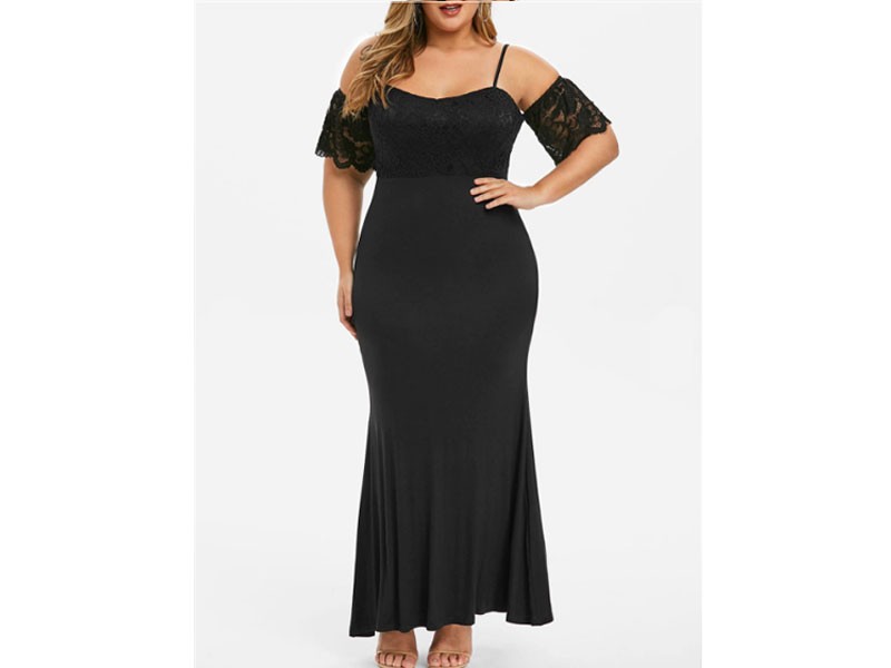 Women's Plus Size Lace Panel Cold Shoulder Long Mermaid Prom Dress