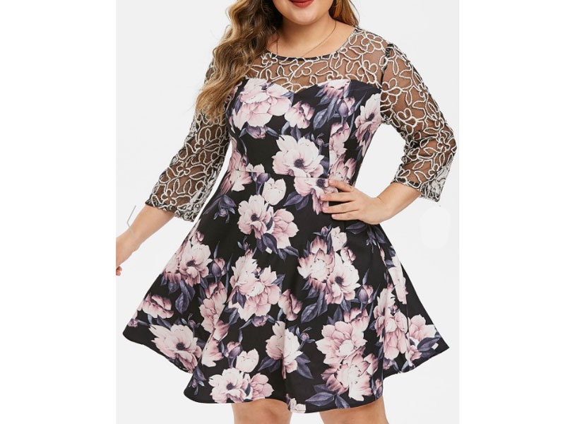 Plus Size Floral Mesh Yoke Semi Formal Dress For Women