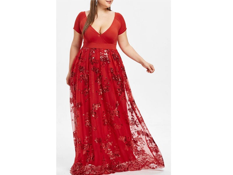 Plus Size Floral Sequined Maxi Prom Dress For Women