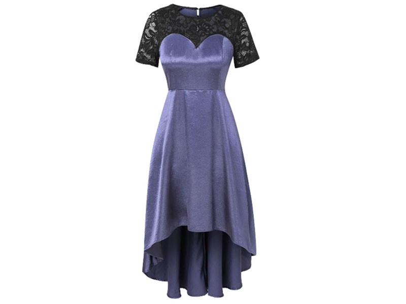 Plus Size Short Sleeve Lace Insert Dip Hem Dress For Women