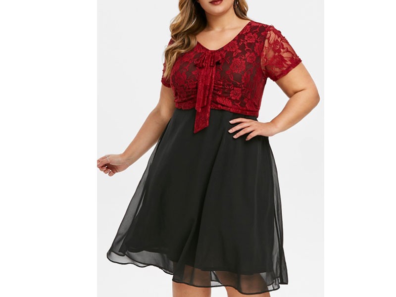 Plus Size Lace Bodice Bowknot Semi Formal Dress For Women