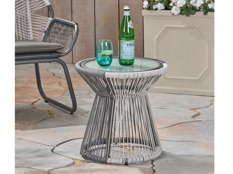 Aiden Outdoor Faux Rattan Side Table with Glass Top