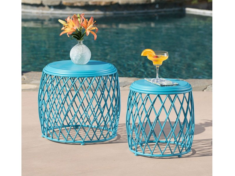 Alameda Nestable Outdoor 15 Inch 19 Inch Lattice Matte Blue Iron Side Table Set