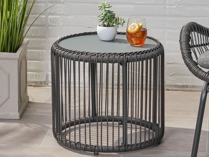 Averyrose Outdoor Wicker Side Table with Tempered Glass Top