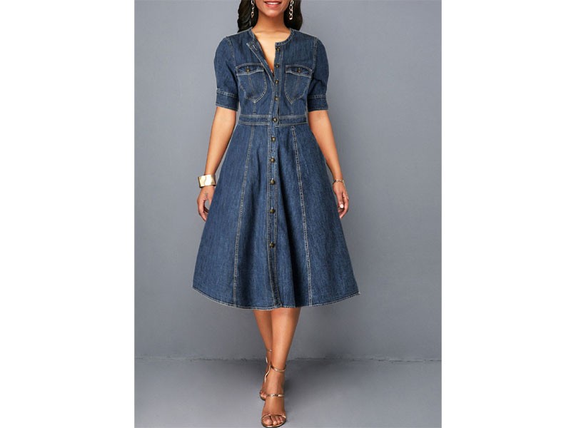 Women's Denim Blue Button Up Pocket Shirt Dress