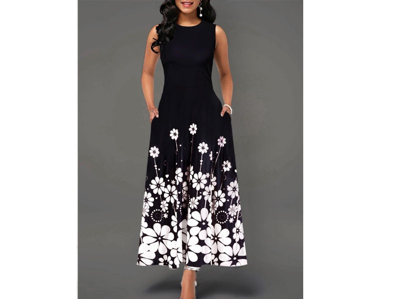 Women's Round Neck Flower Print Sleeveless Maxi Dress