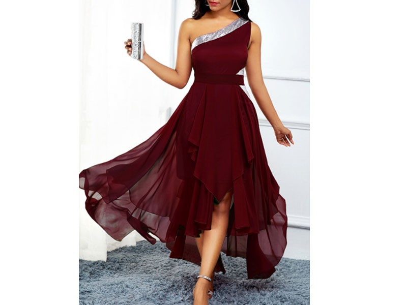 High Waist Asymmetric Hem One Shoulder Dress For Women