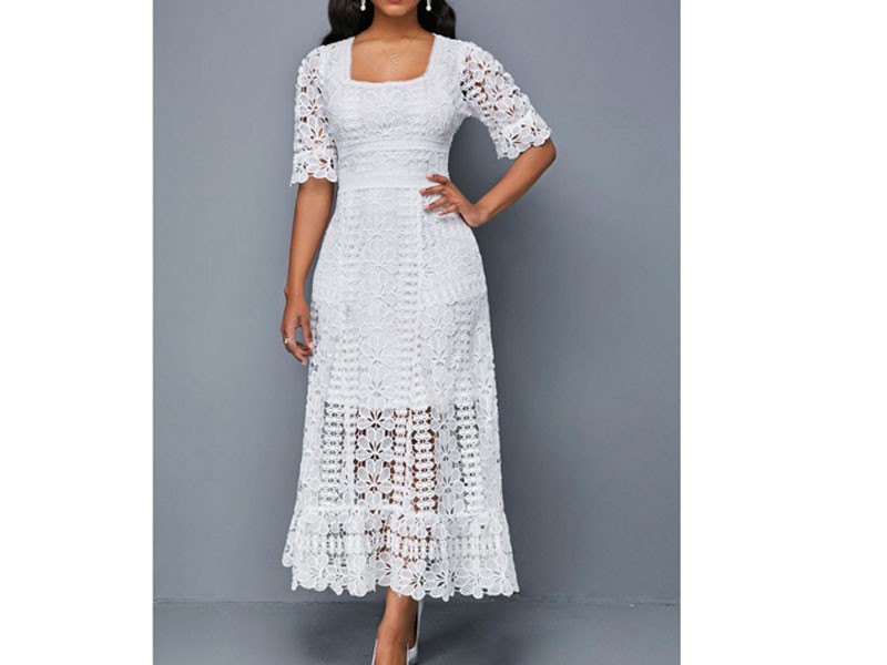 Women's Square Collar White Short Sleeve Lace Dress