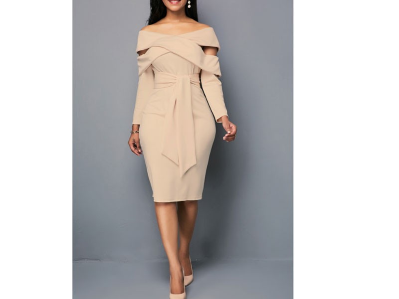 Women's Zipper Back Off the Shoulder Belted Sheath Dress