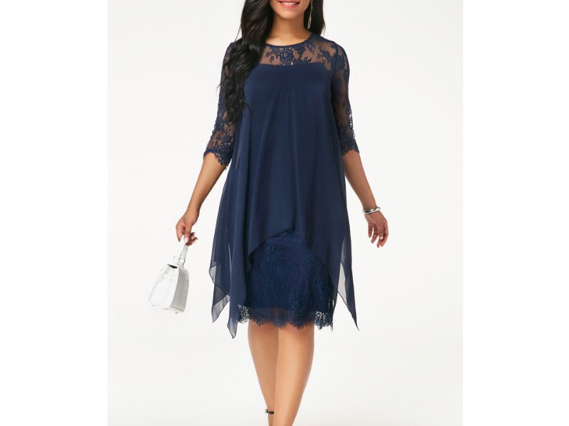 Chiffon Overlay Navy Three Quarter Sleeve Lace Dress For Women