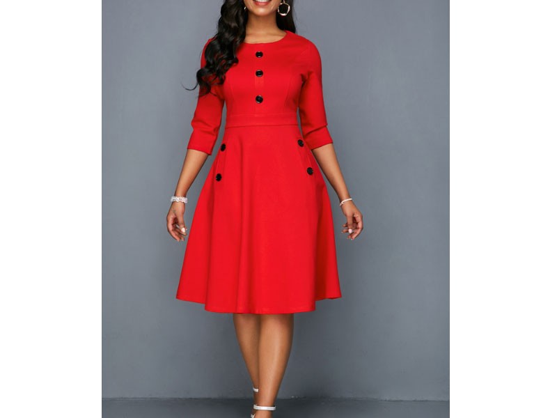 Women's Pocket Red Button Embellished A Line Dress
