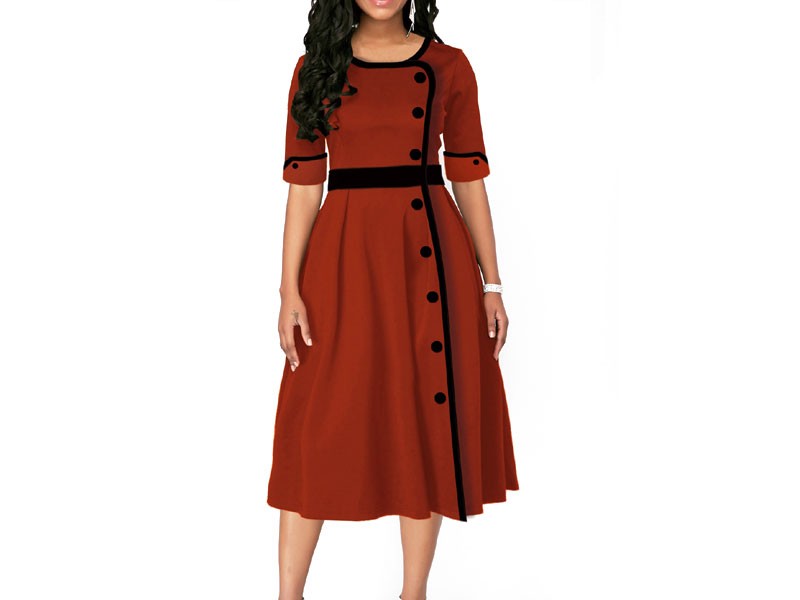 Women's Half Sleeve High Waist Button Front Dress