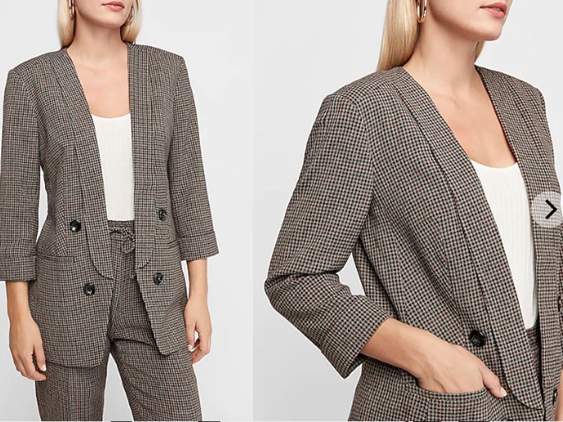 Check Print Collarless Double Breasted Blazer For Women
