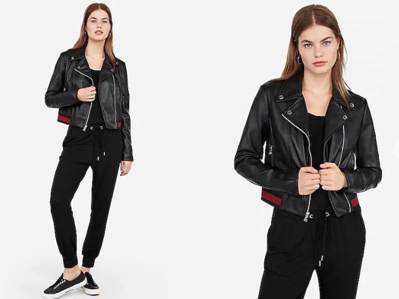 Women's Vegan Leather Striped Hem Moto Jacket