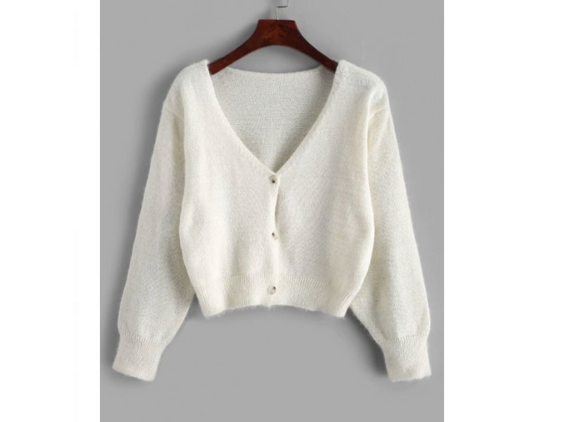 Fuzzy Button Up V Neck Cropped Cardigan For Women