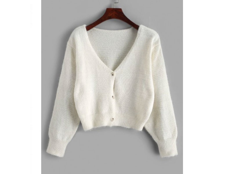 Fuzzy Button Up V Neck Cropped Cardigan For Women