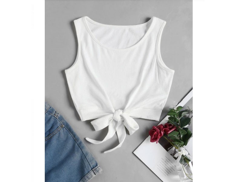 Zaful Self-tie Ribbed Crop Top For Women