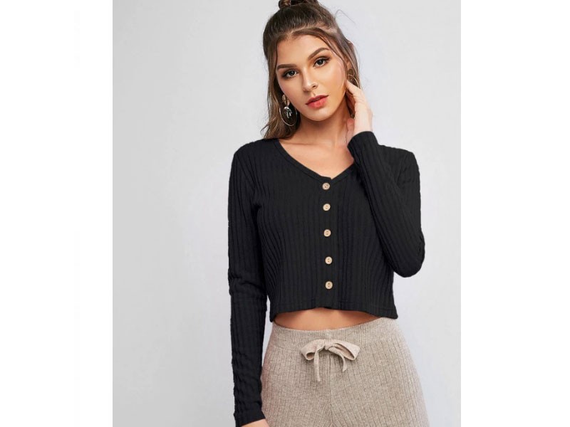 Women's Solid Ribbed Button Up Cardigan