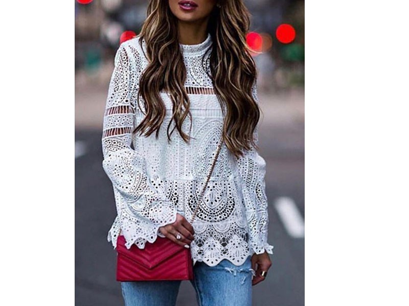 Women Casual Loose Long Sleeve Summer Hollow Out Lace Patch Blouse