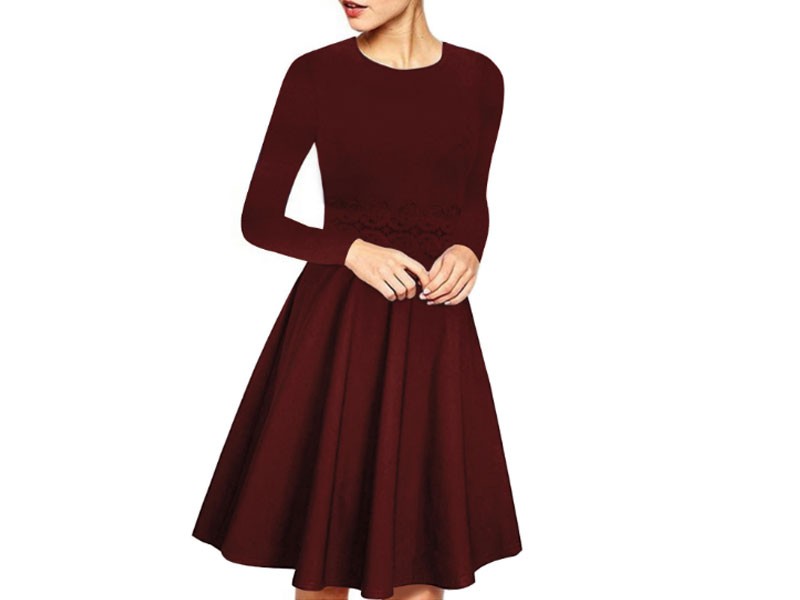 Women's Elegant Long Sleeve Lace Patchwork Midi A Line Dress