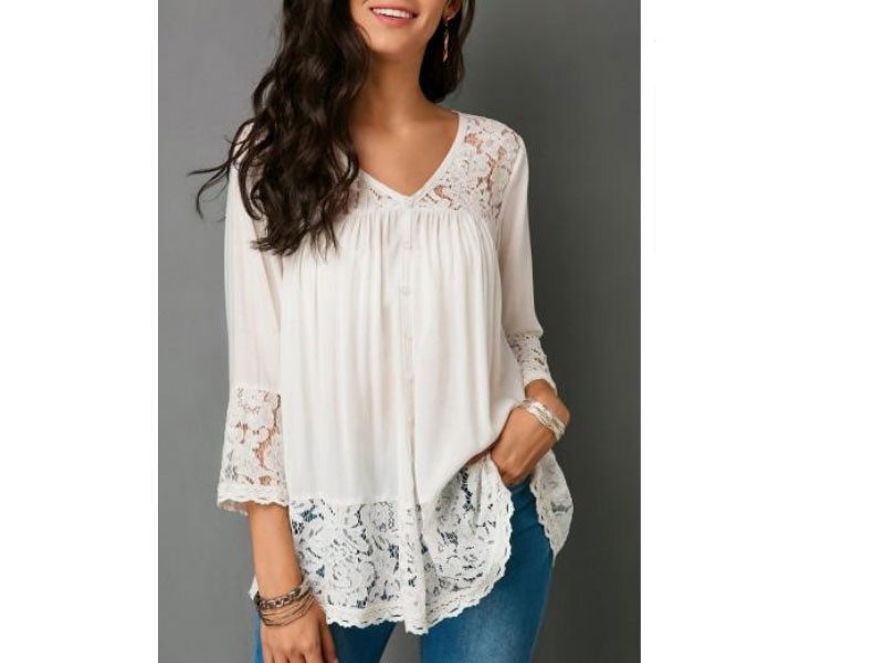 Lace Patchwork V Neck Long Sleeve Button Down Casual Blouse