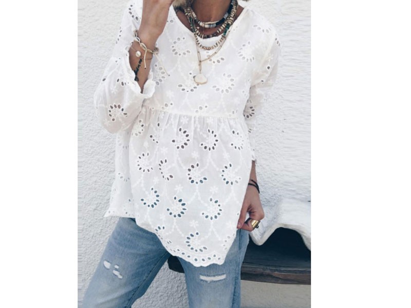 Women's Lace Hollow Out Cotton Long Sleeve Button Back Casual Blouse