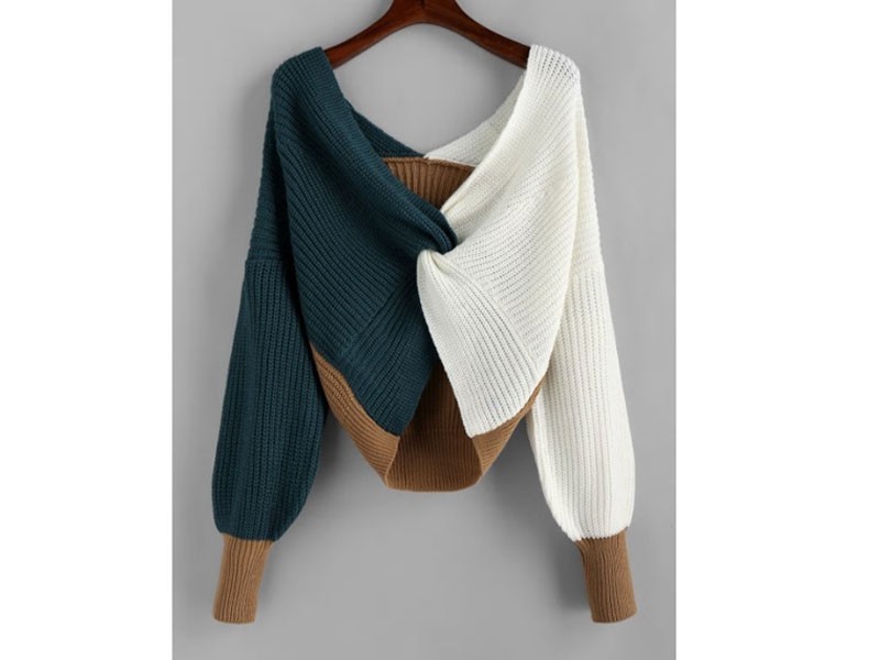 Plunge Color block Twist Sweater For Women