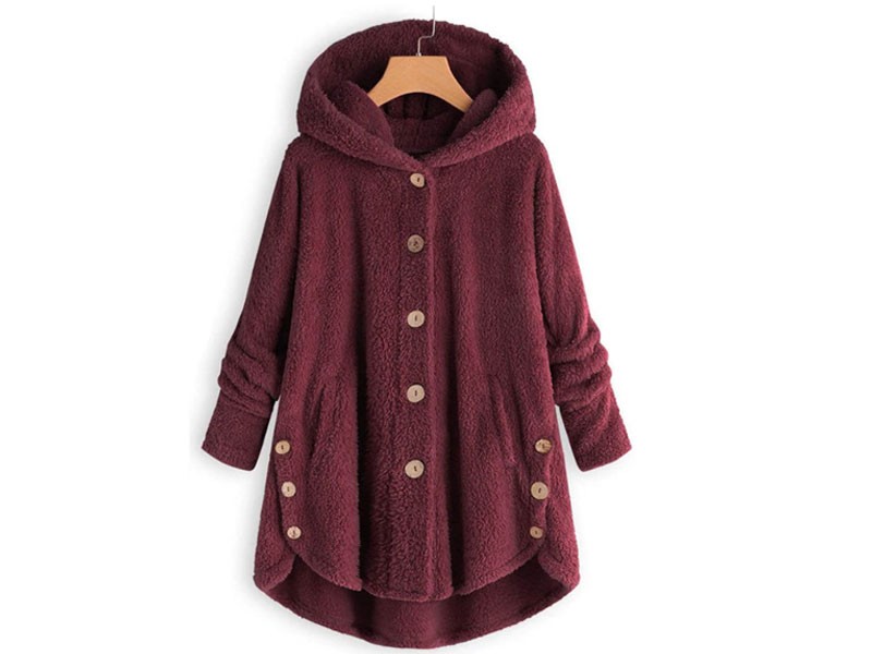 Women's Hooded Faux Shearling Buttons Plus Size Coat