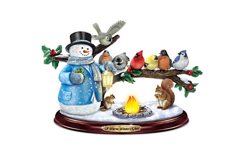 Thomas Kinkade Lighted Musical Snowman & Songbird Sculpture