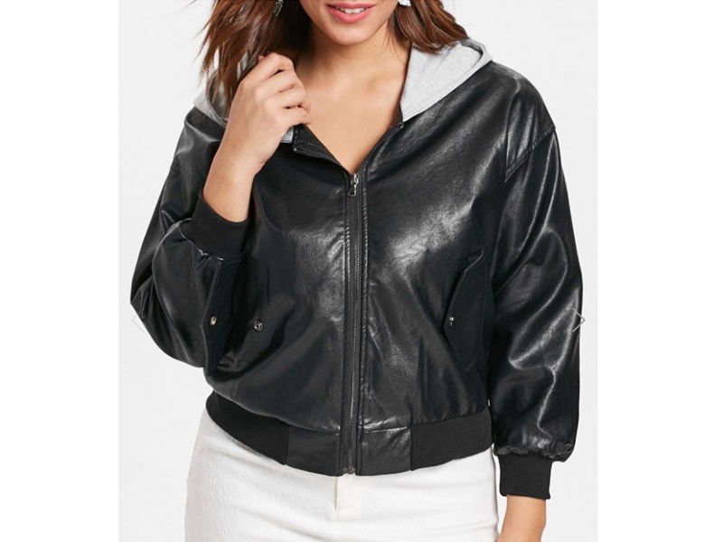 Women's Plus Size Front Pockets Faux Leather Zip Jacket