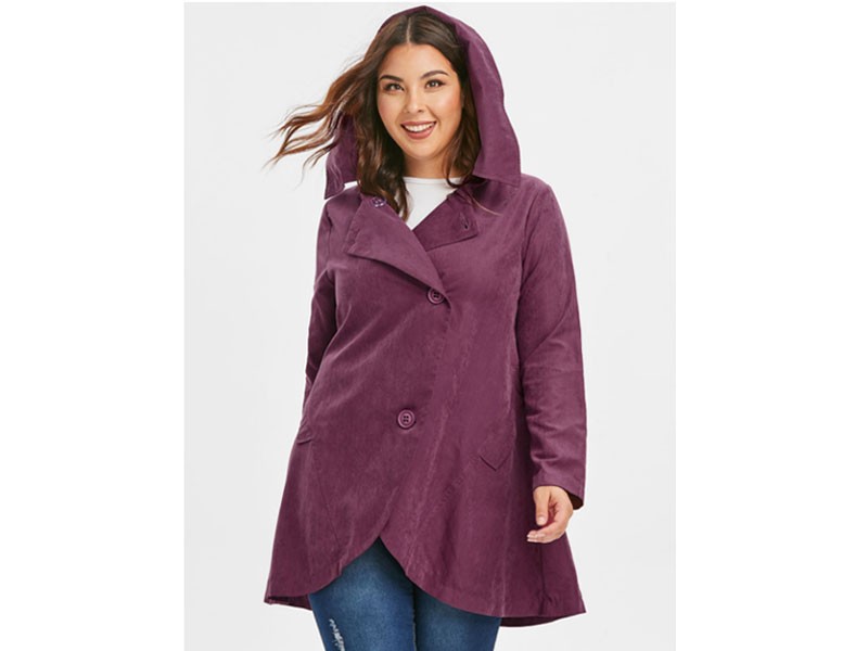Women's Plus Size Asymmetric Button Hooded Coat