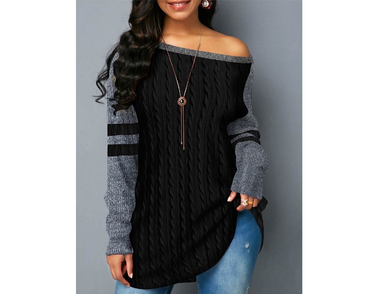 Round Neck Long Sleeve Black Sweatshirt