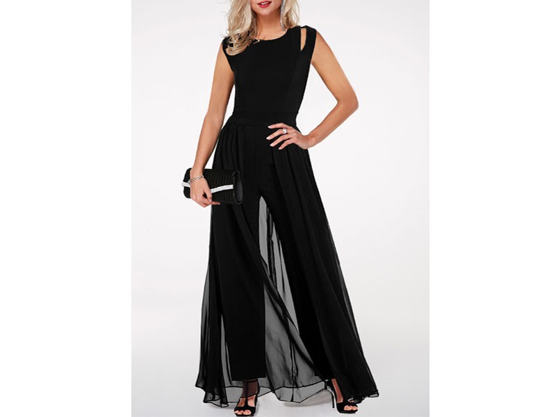 Round Neck High Waist Chiffon Overlay Black Jumpsuit