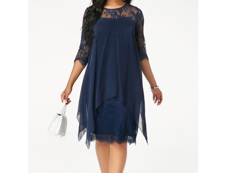 Women's Navy Three Quarter Sleeve Chiffon Overlay Lace Dress