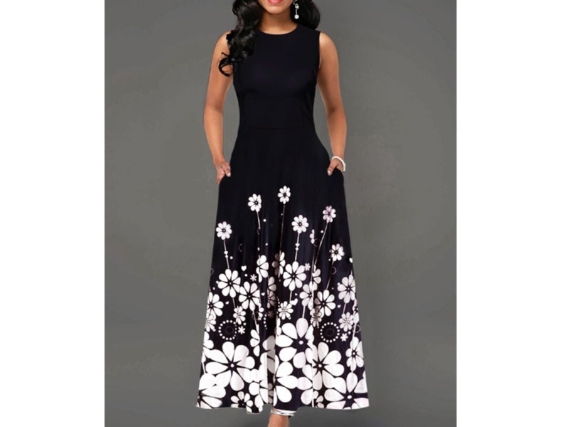 Women's Flower Print Sleeveless Round Neck Maxi Dress